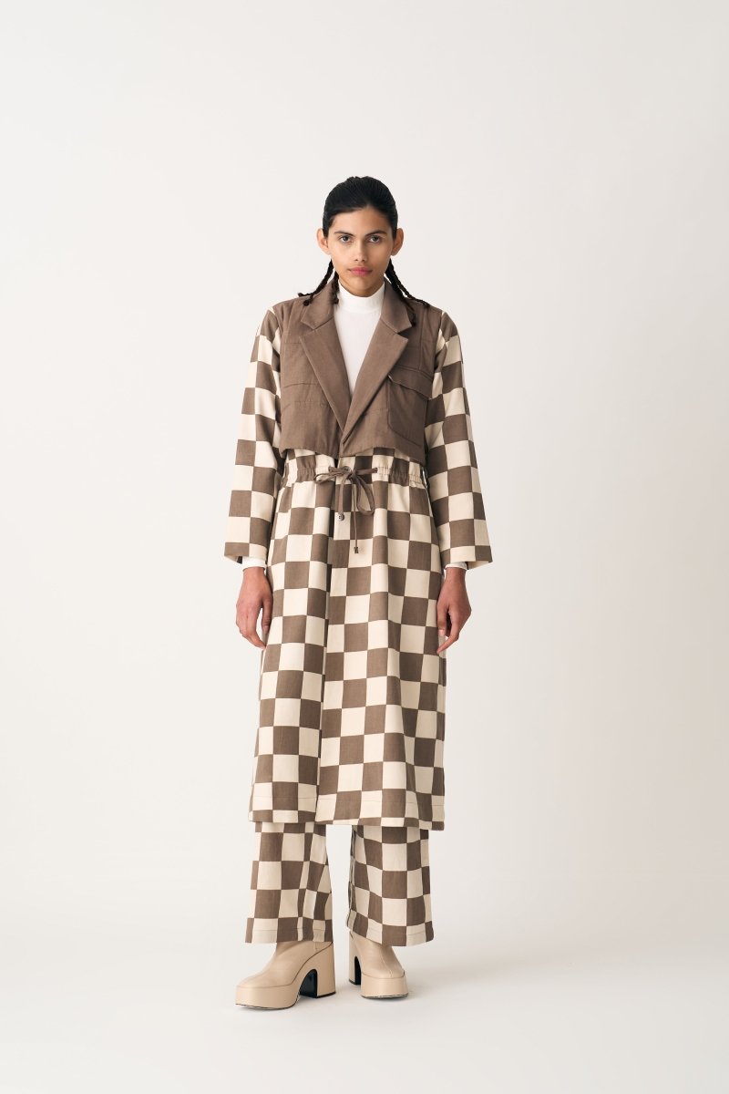 Quilted Yoke Trench Overlay Co-ord - Umber Check (Set of 2) - Three