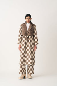 Quilted Yoke Trench Overlay Co-ord - Umber Check (Set of 2) - Three