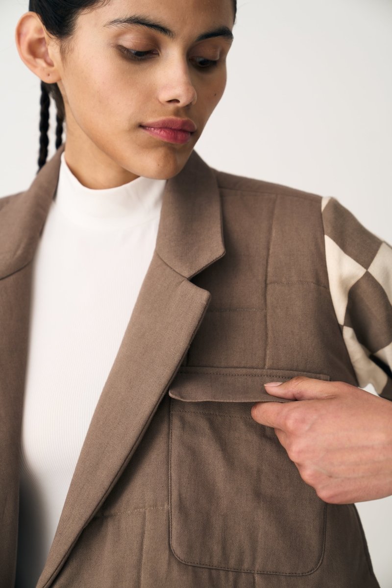 Quilted Yoke Trench Overlay Co-ord - Umber Check (Set of 2) - Three