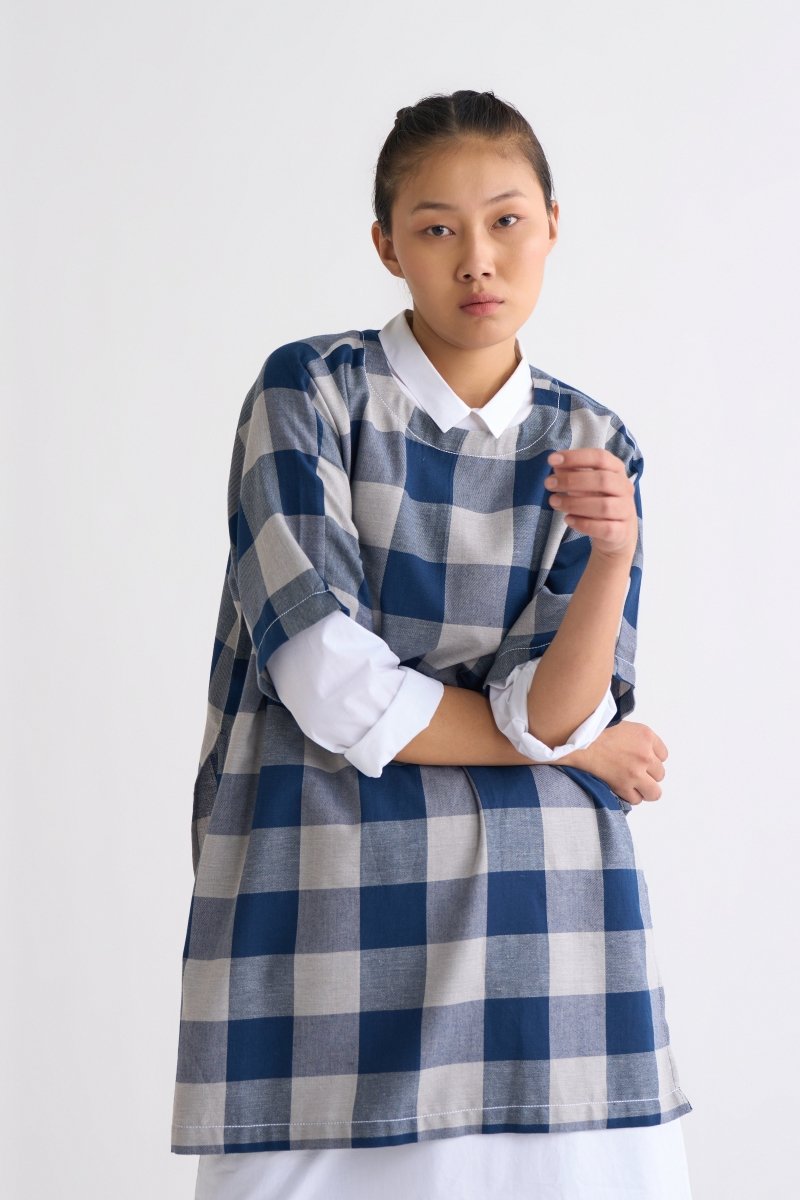 Round Neck Dolman Top - Navy Check - Three