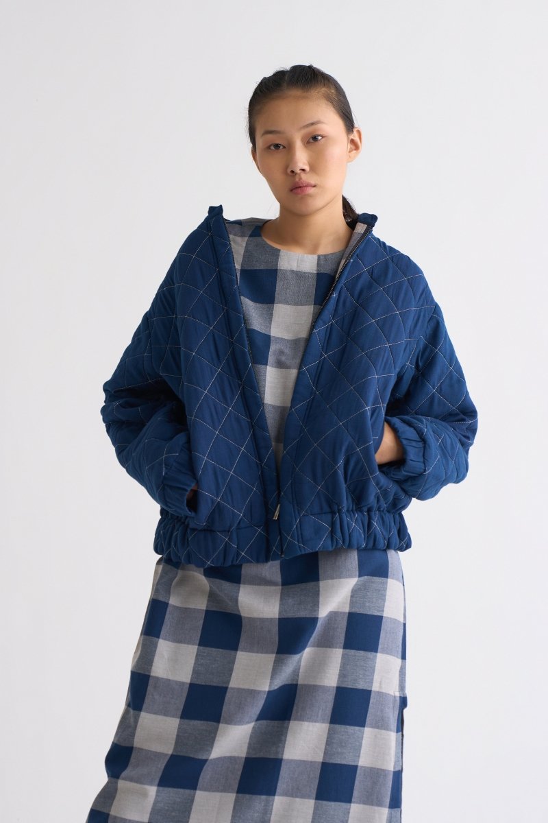 Round Neck Tunic - Navy Check - Three