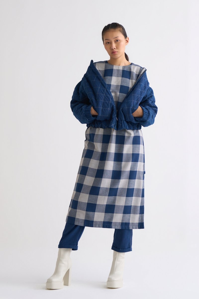 Round Neck Tunic - Navy Check - Three