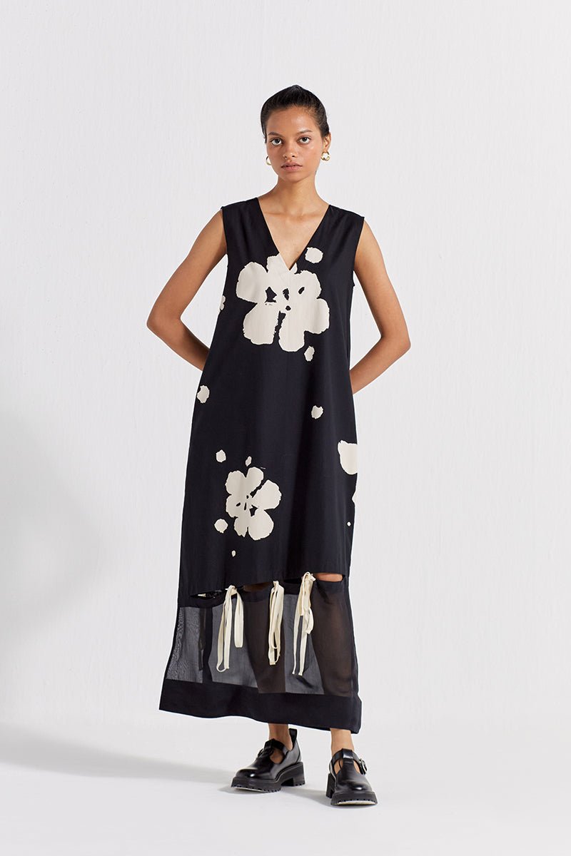 Self-Tie Floral Dress - Black Floral - Three