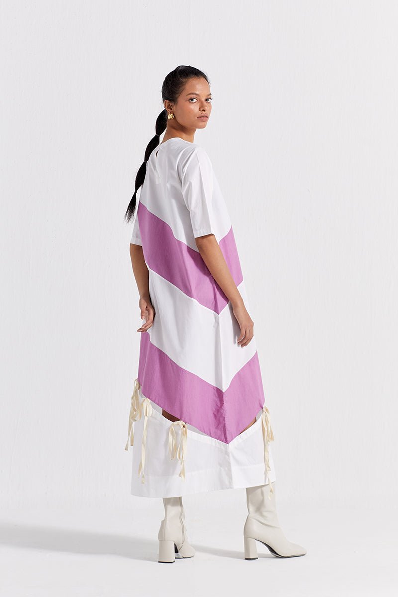 Self Tie Panel Dress - White And Lilac - Three