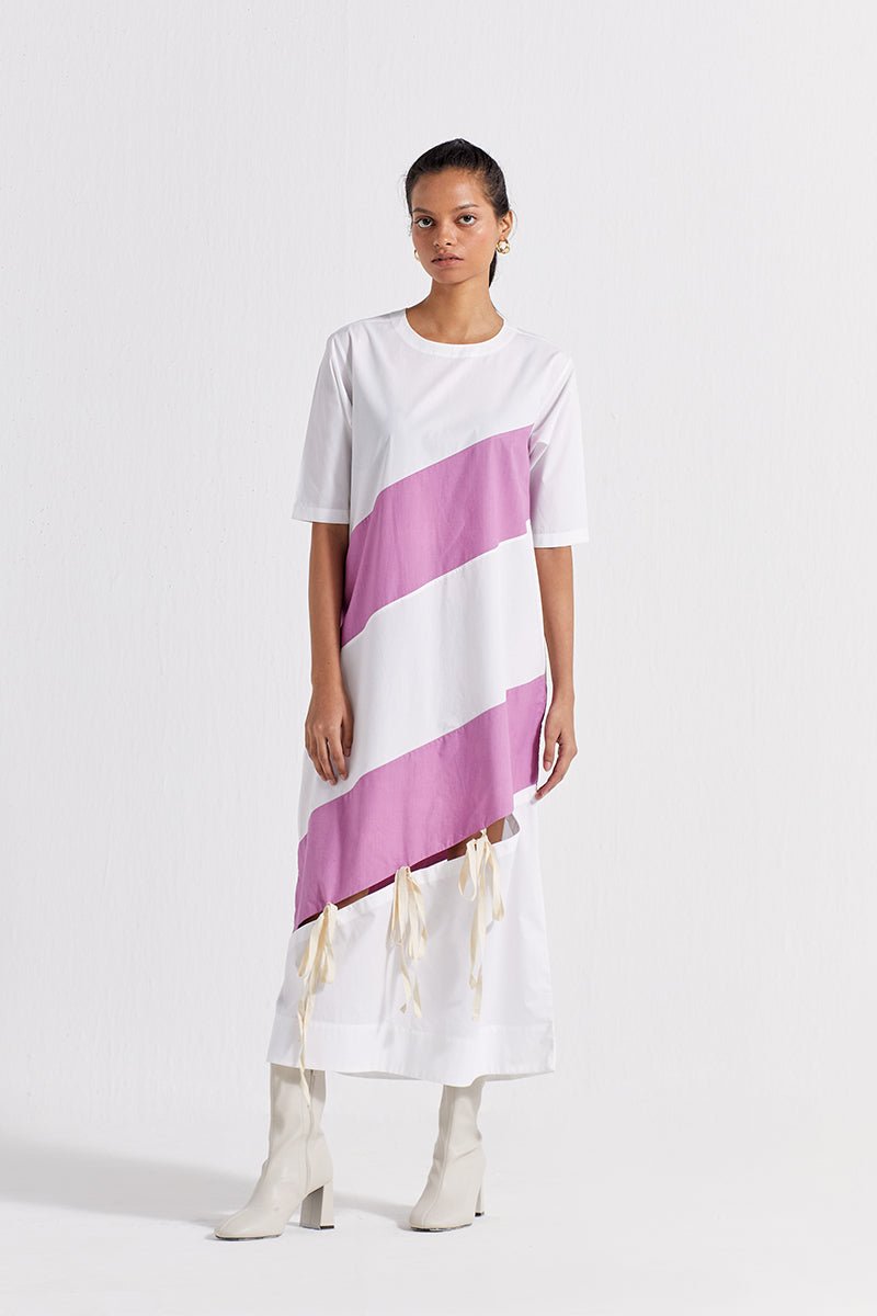 Self Tie Panel Dress - White And Lilac - Three