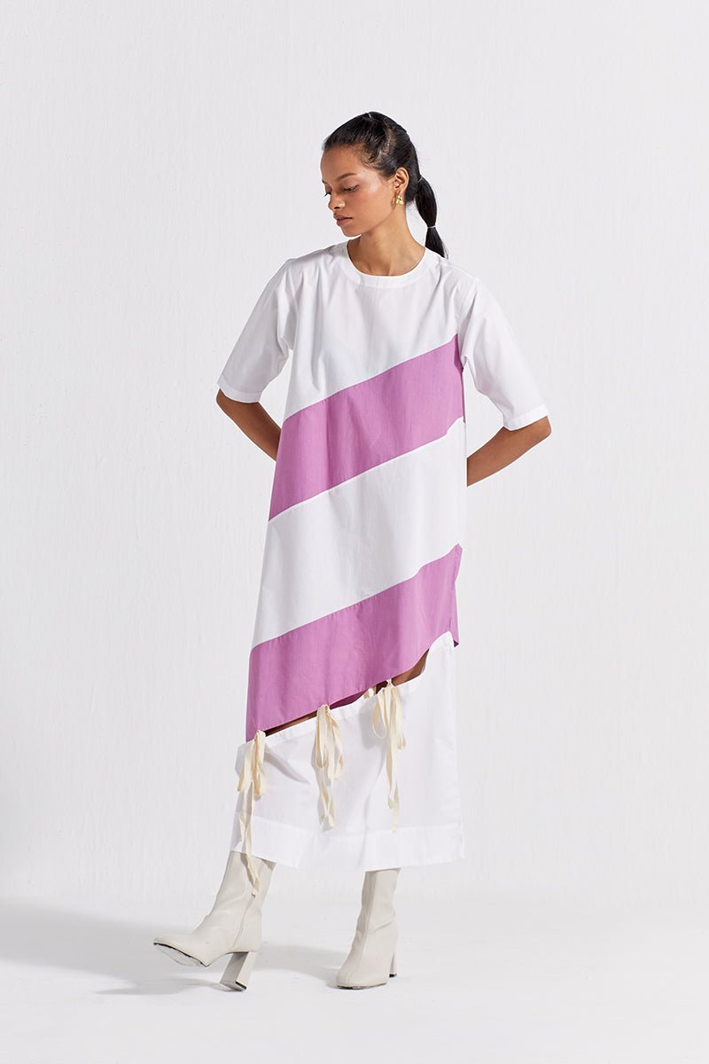 Self Tie Panel Dress - White And Lilac - Three