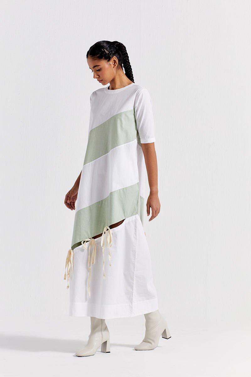 Self Tie Panel Dress - White And Mint - Three