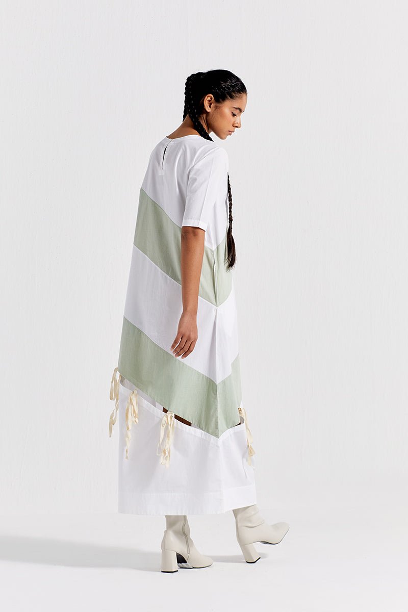 Self Tie Panel Dress - White And Mint - Three