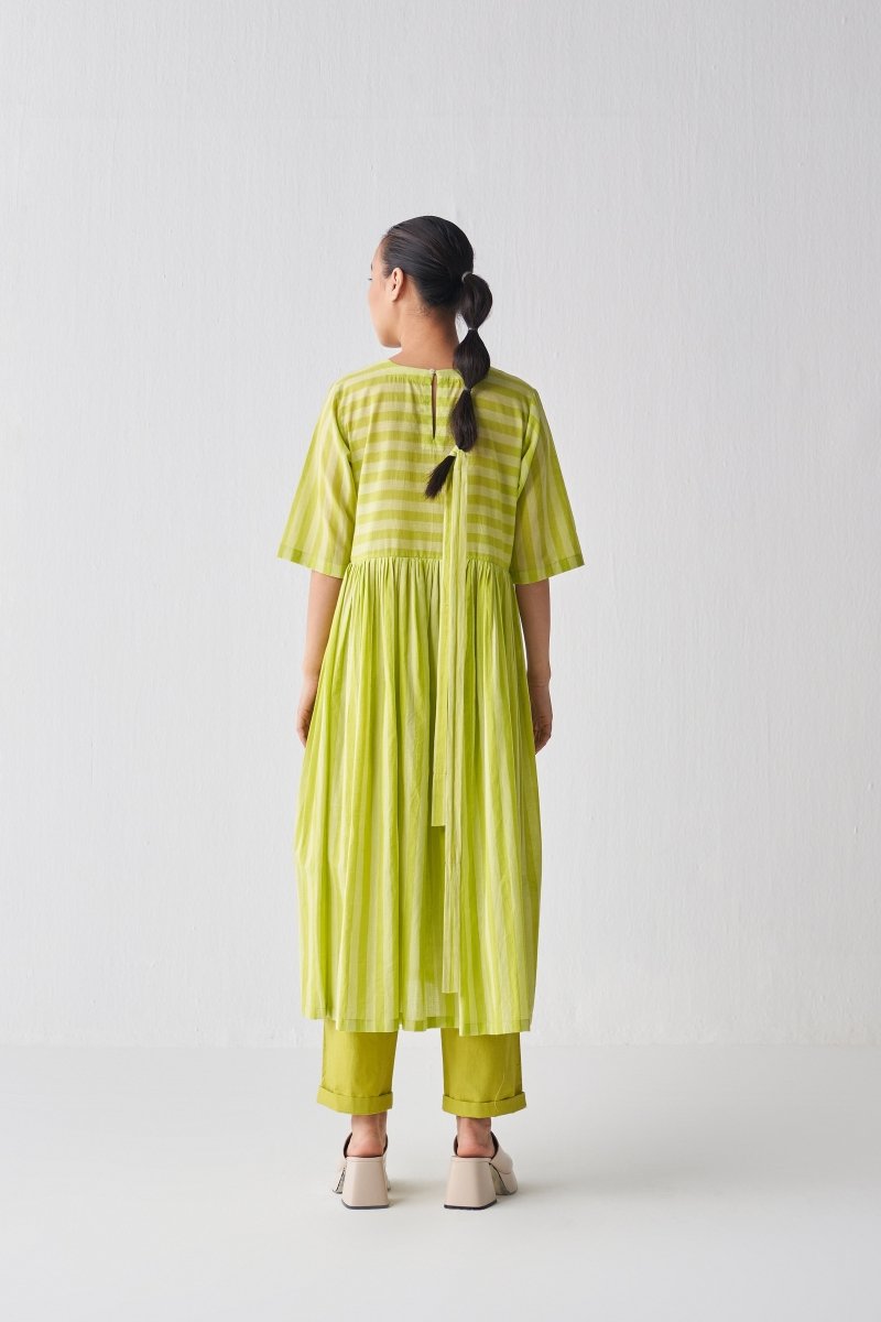 Side Gather Dress - Lime Stripe - Three
