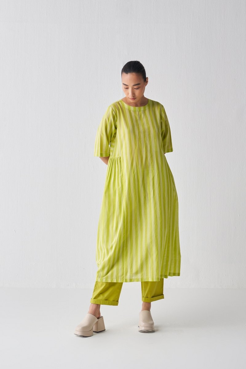 Side Gather Dress - Lime Stripe - Three
