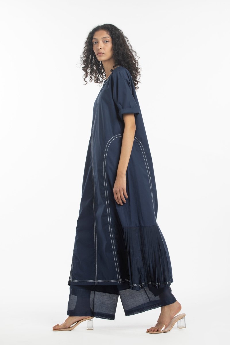 Side U Pleat Dress- Navy - Three