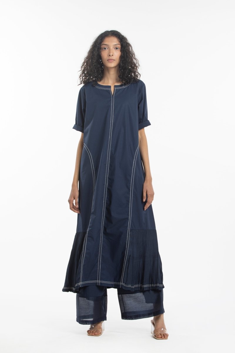 Side U Pleat Dress- Navy - Three