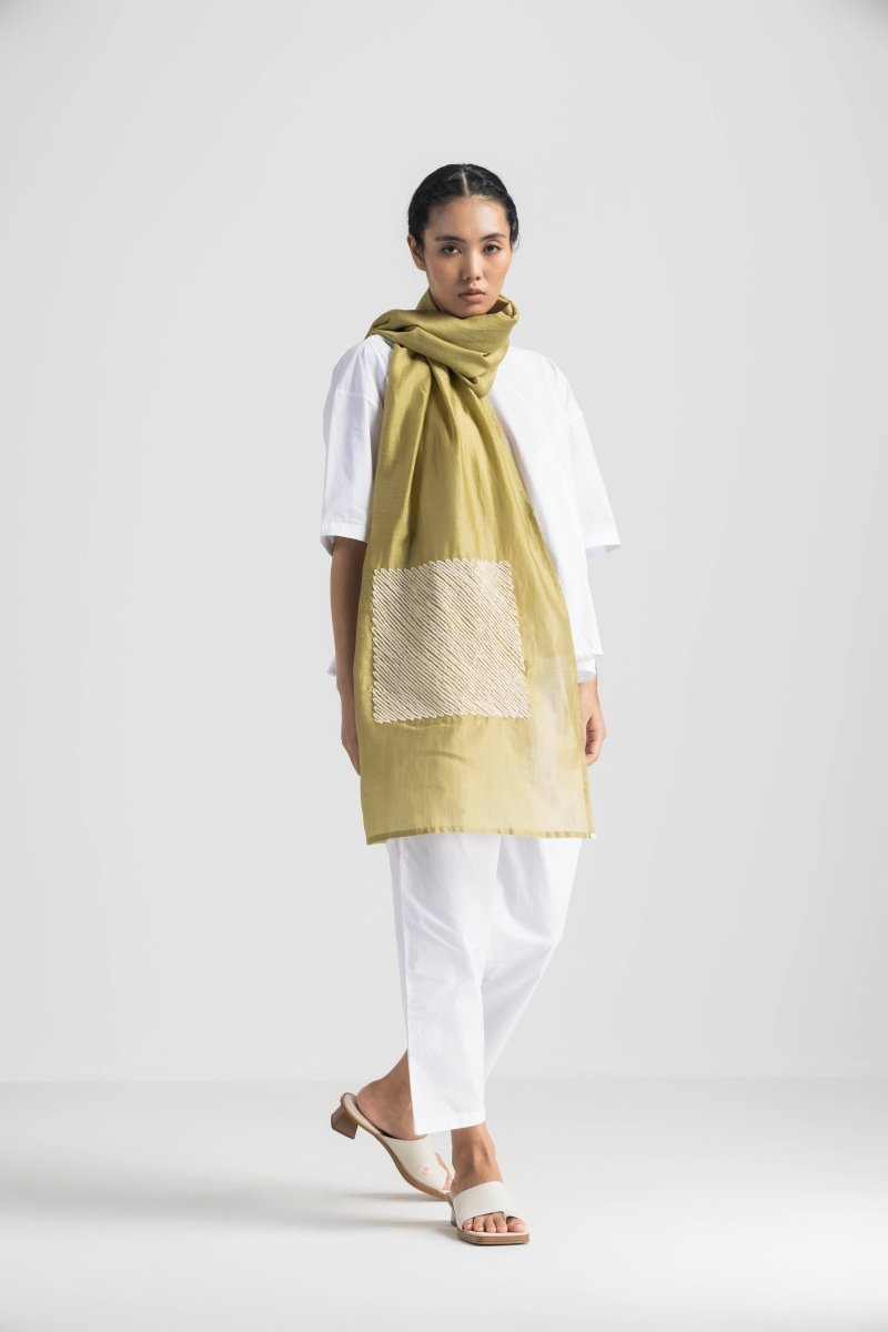 Square Emb. Scarf - Moss Green - Three