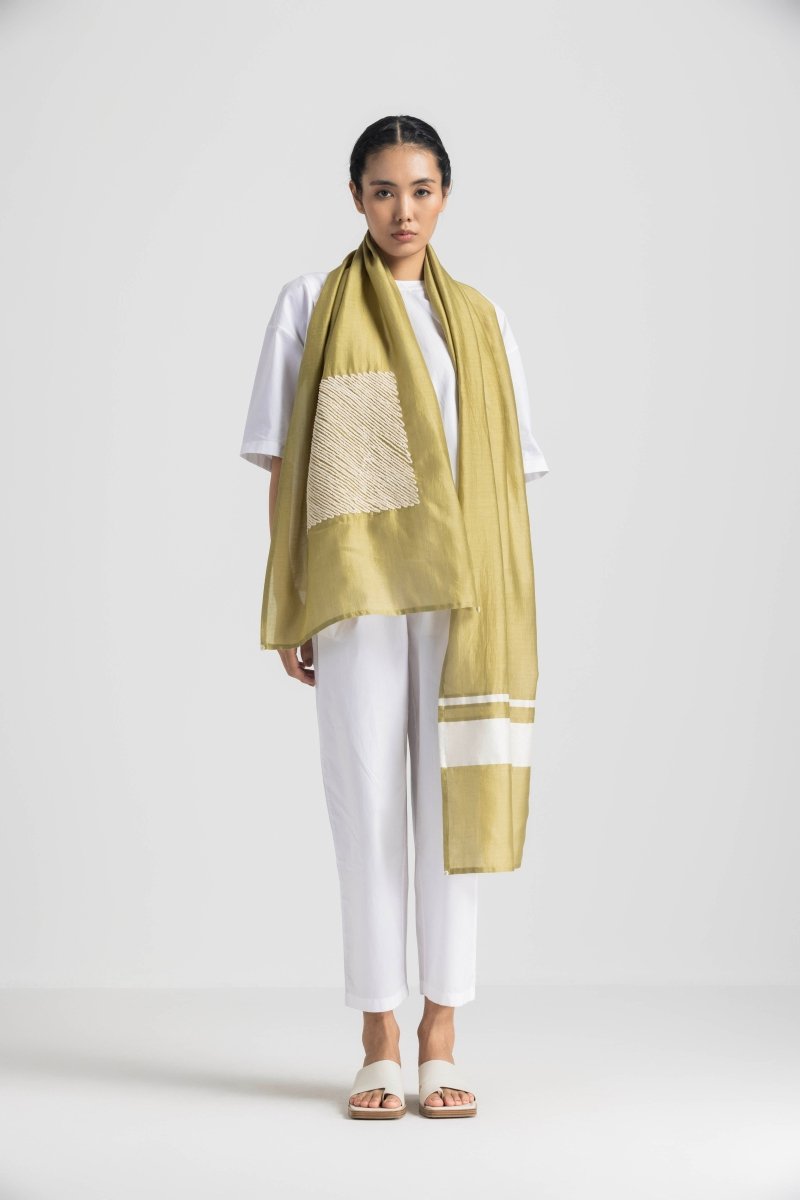 Square Emb. Scarf - Moss Green - Three