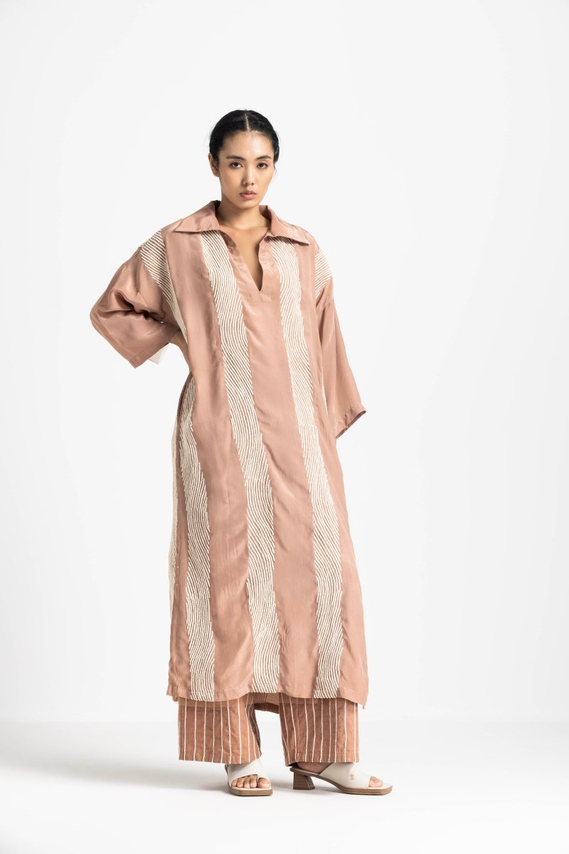 V Neck Collared Kaftan - Champagne - Three