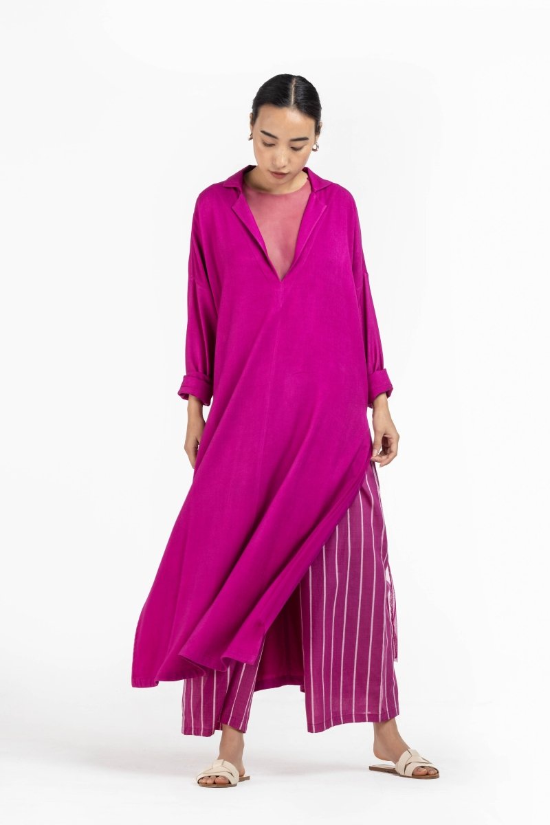 V Neck Tunic with Net Slip Hot Pink - Three