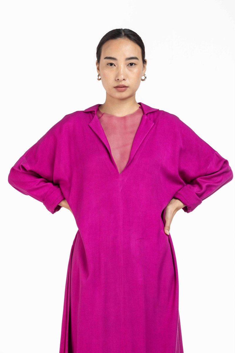 V Neck Tunic with Net Slip Hot Pink - Three