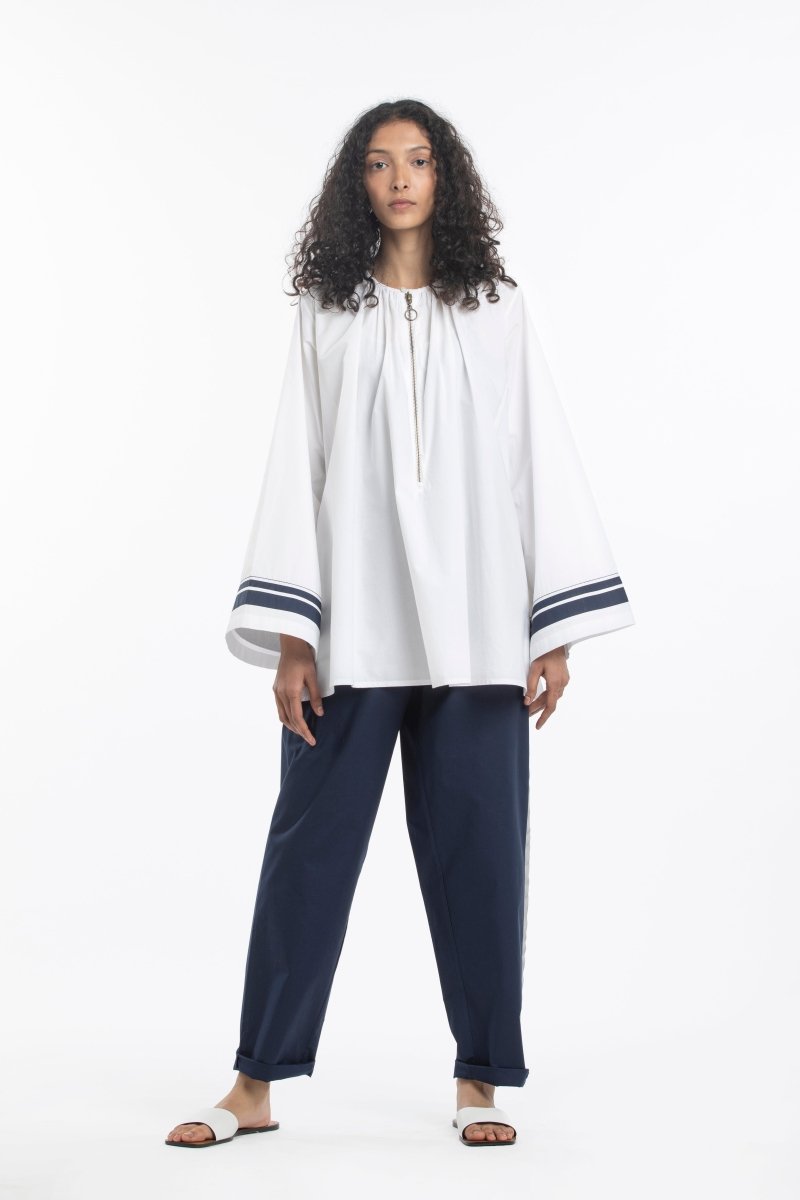 Wide Sleeve Gather Neck Top Co-ord- White - Three