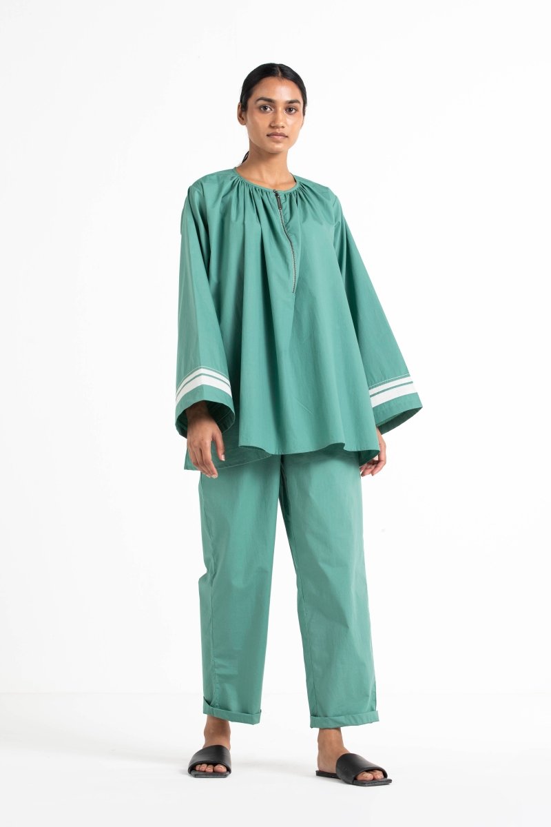 Wide Sleeve Gather Neck Top Mineral Green - Three