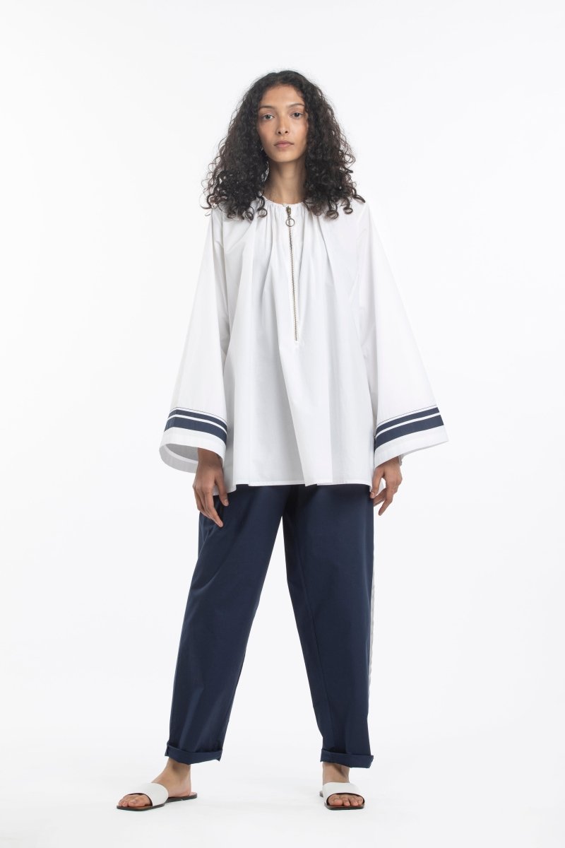 Wide Sleeve Gather Neck Top- White - Three