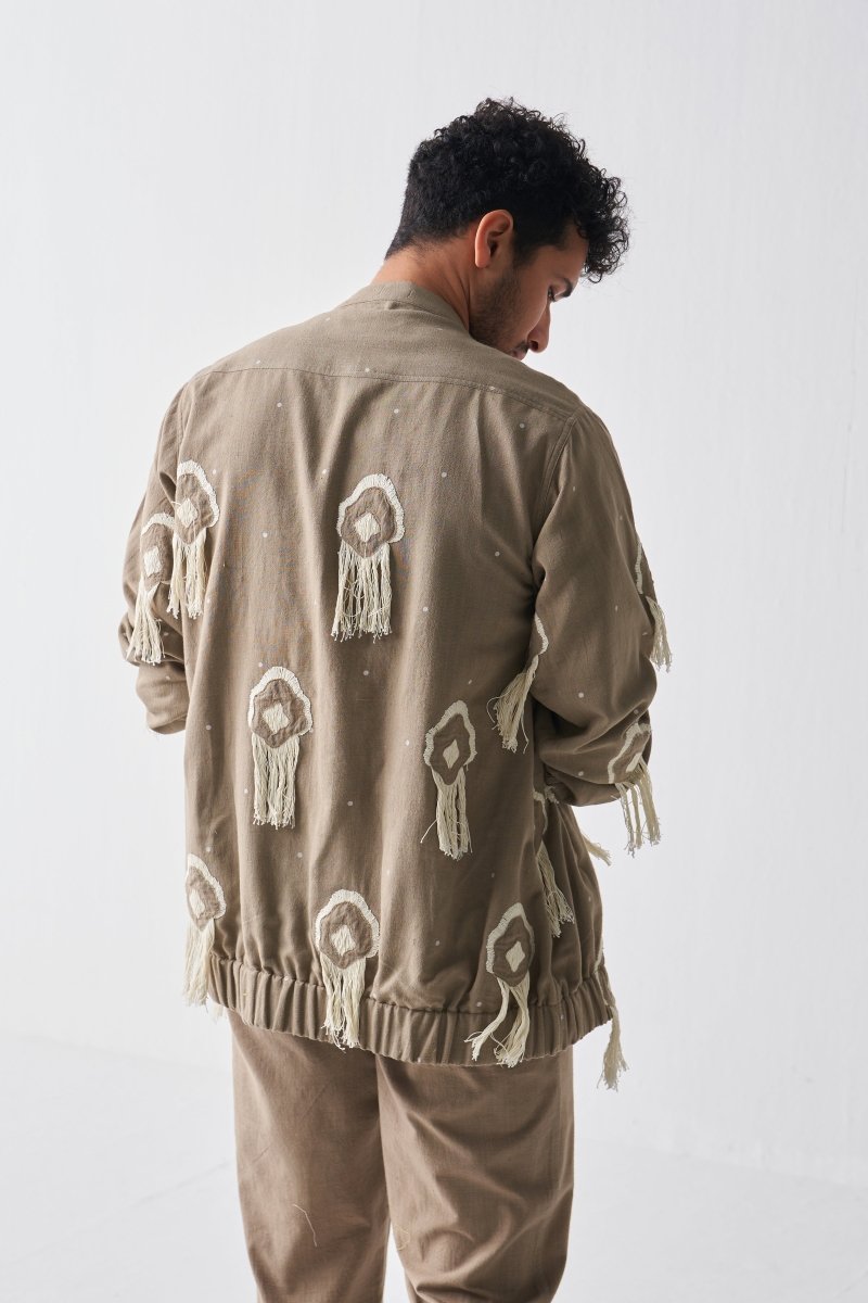 Woven Fringe Bomber Jacket - Sage - Three
