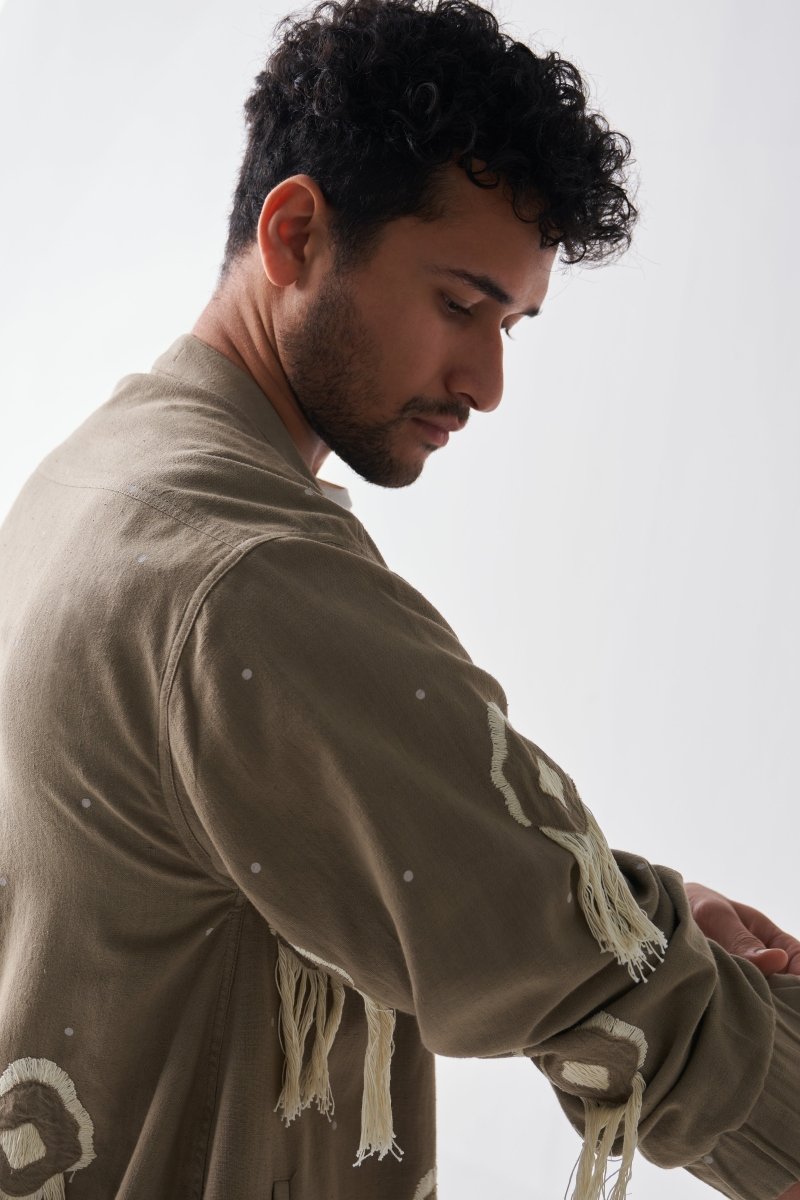 Woven Fringe Bomber Jacket - Sage - Three