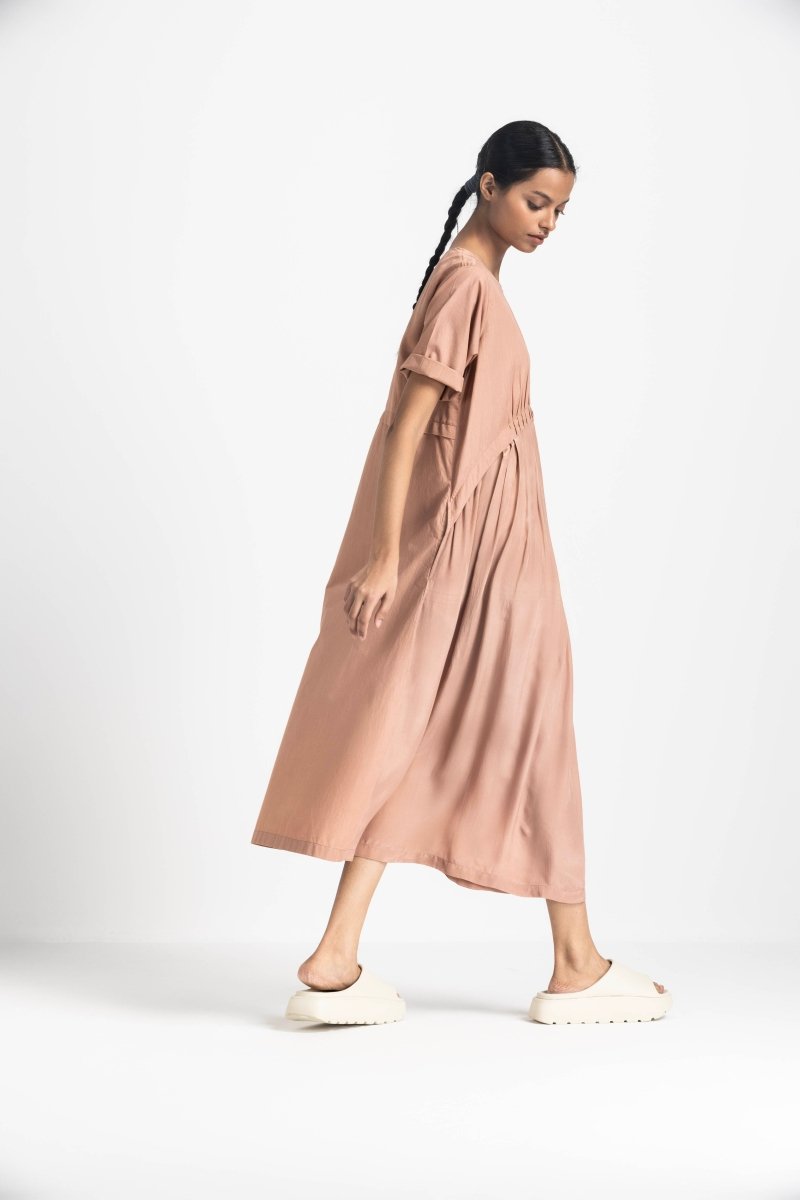 Yoke Gather Dress - Champagne - Three