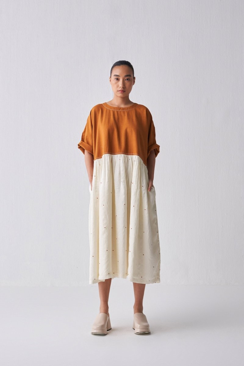 Yoke Gathered Dress - Rust - Three